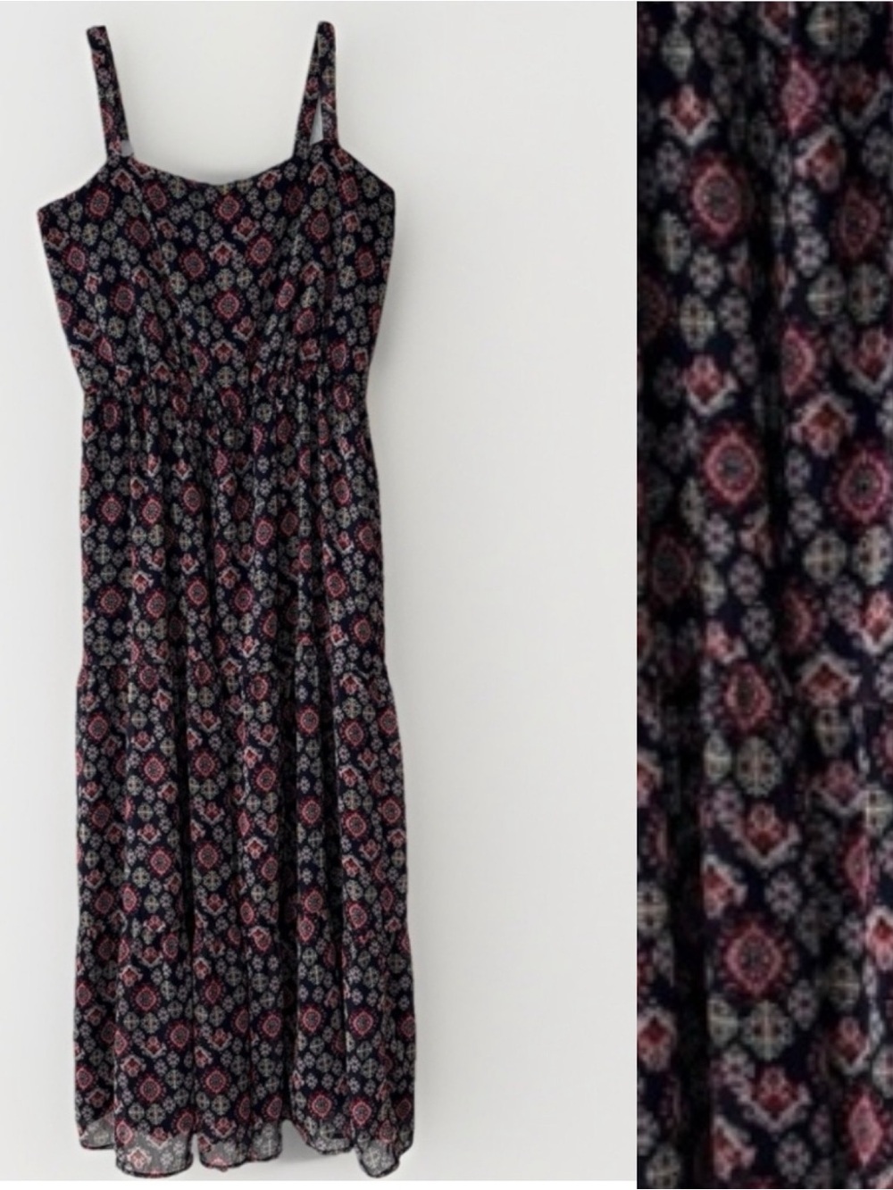 Socialite Navy Geometric Midi Dress Medium Lined Tiered Prairie Boho Peasant